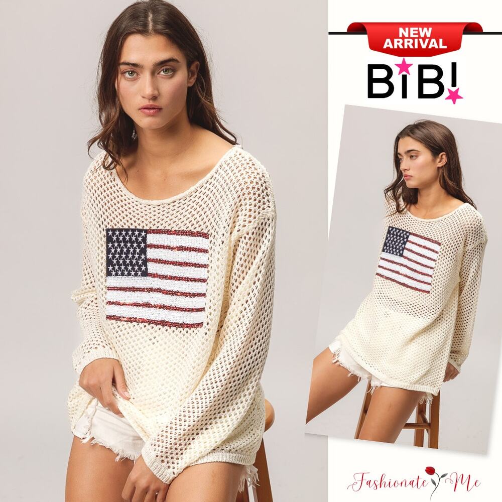 BiBi Sequin Embellishments American Flag Patch Open Knit Cover Up Top | Oatmeal